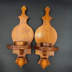 2 Vintage Solid Walnut Wood Wall Candle Holders Sconces Pair Handcrafted